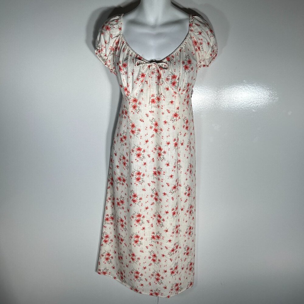Divided NWT SZXL Linen Pink Floral Midi Dress Milkmaid Cottage Prairie Coquette